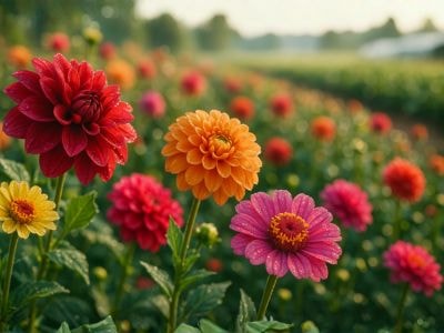 Vibrant dahlias and zinnias in the flower field