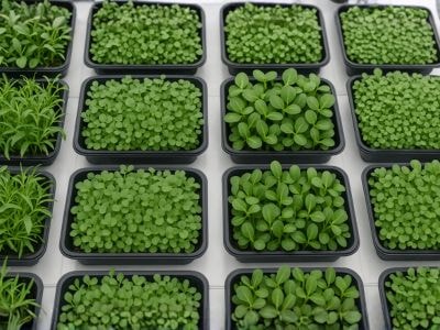 Fresh microgreens growing in greenhouse trays