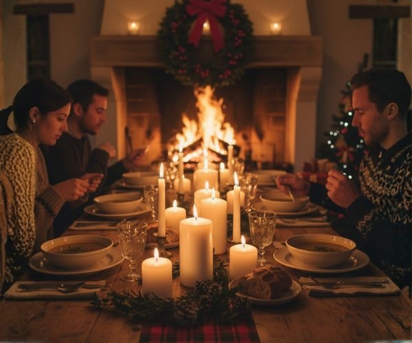 Cozy fireside dinner with candles and hearty food