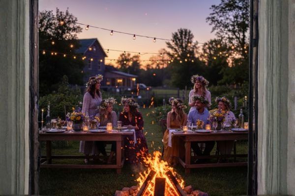 Midsummer garden party with flower crowns and string lights